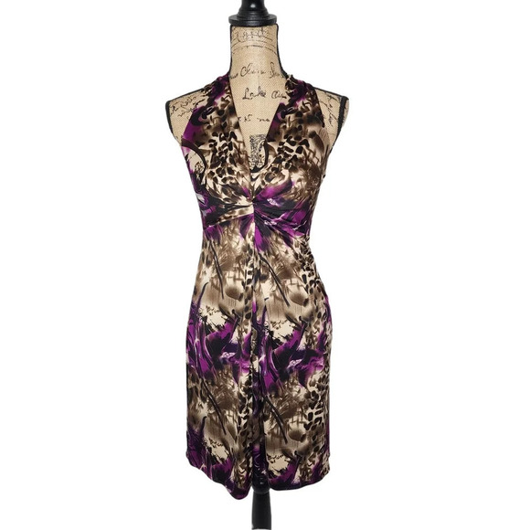 Muse Womens Twist Front Bodycon Animal Print Dress Size 6 Purple Brown - Picture 1 of 10